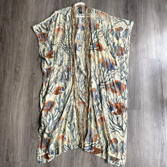 Aratta Silent Journey Jackets & Blazers - Aratta Silent Journey Ocean Breeze Kimono One Size Fish Coral Print Long Length 